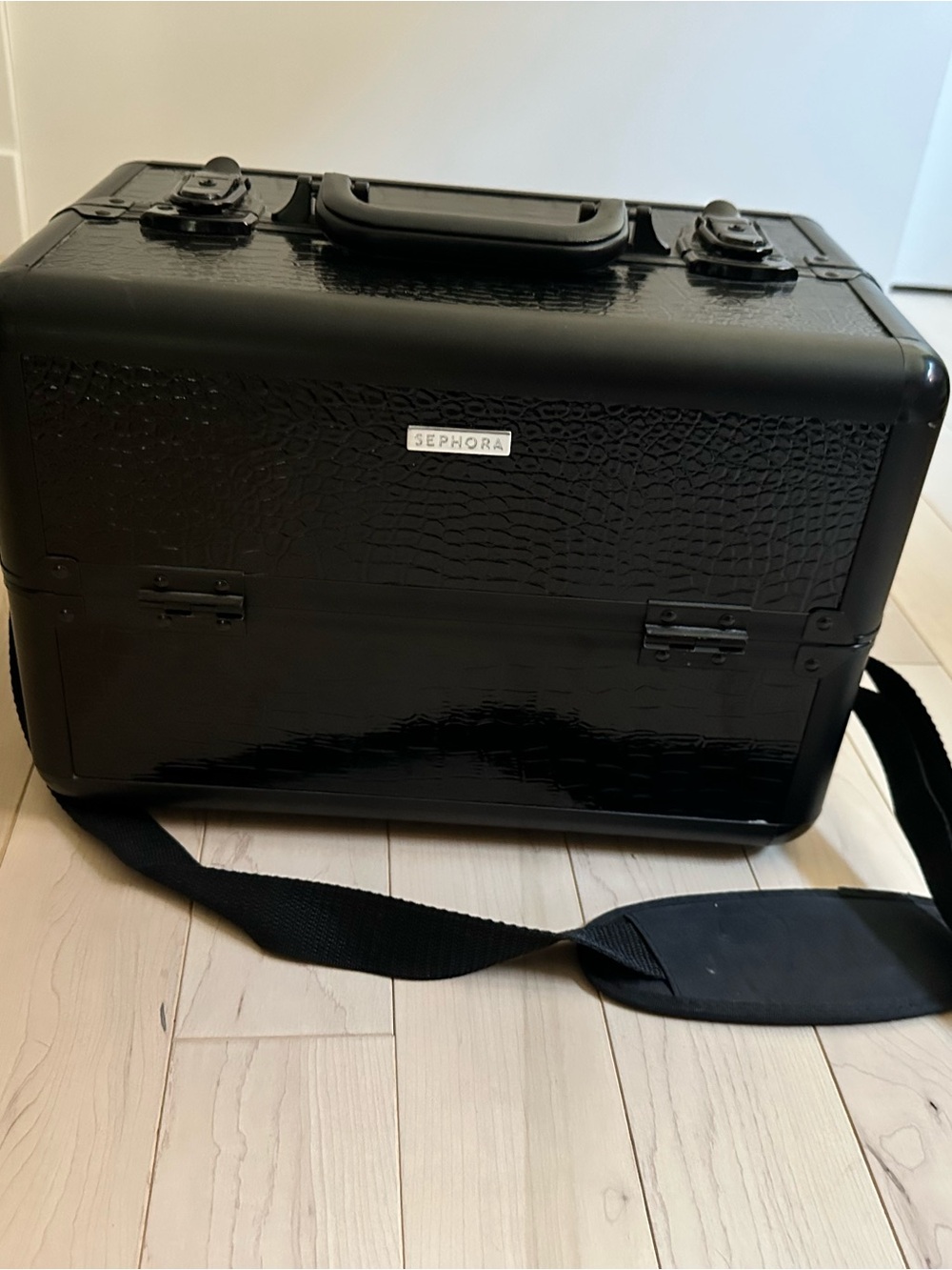 Sephora Black Croc-Embossed Toiletry Train Case with Shoulder Strap